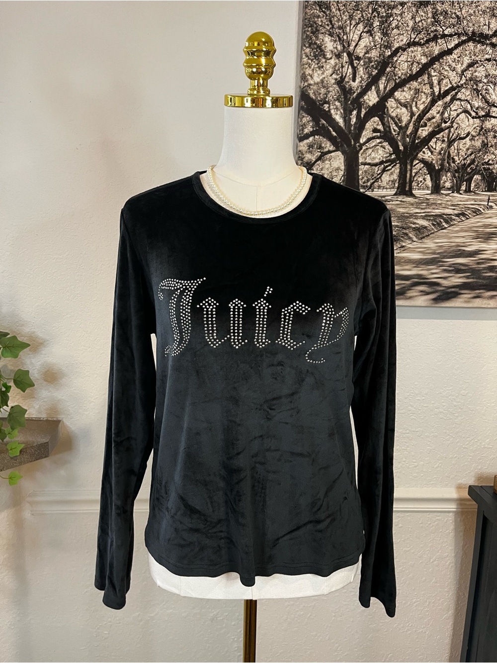 Juicy Couture Black Velour Long Sleeve Top with Rhinestone 'Juicy' Logo Large